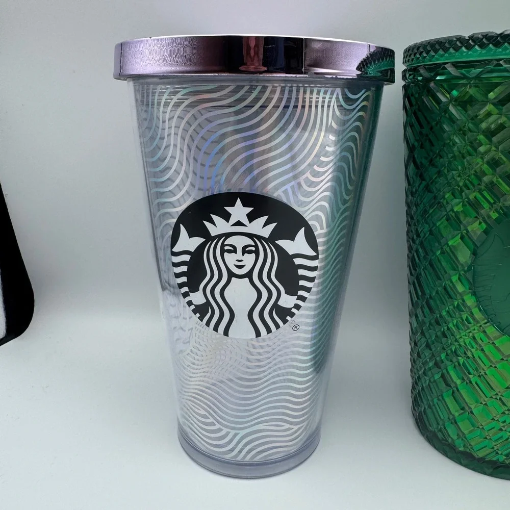 Starbucks Cold Cup Tumbler Lot 4 Green Jewel‎ Red Glitter Studded Silver  16oz